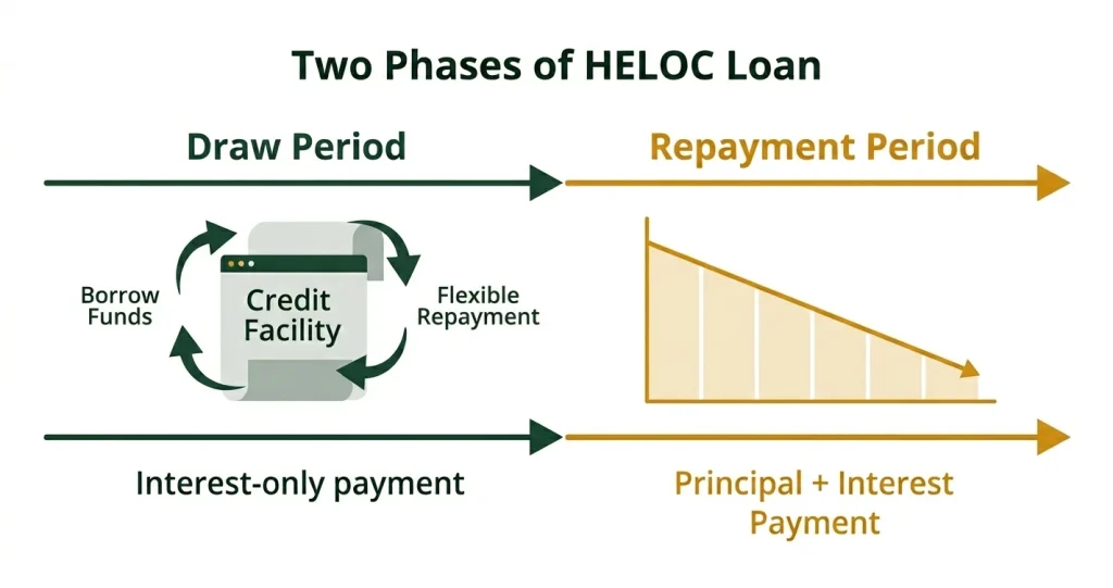 Diagram showing HELOC draw period vs repayment period with timeline
