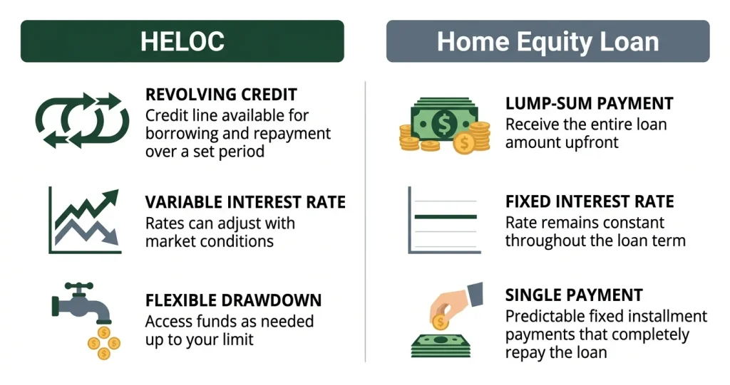Comparison chart showing differences between HELOC and home equity loan