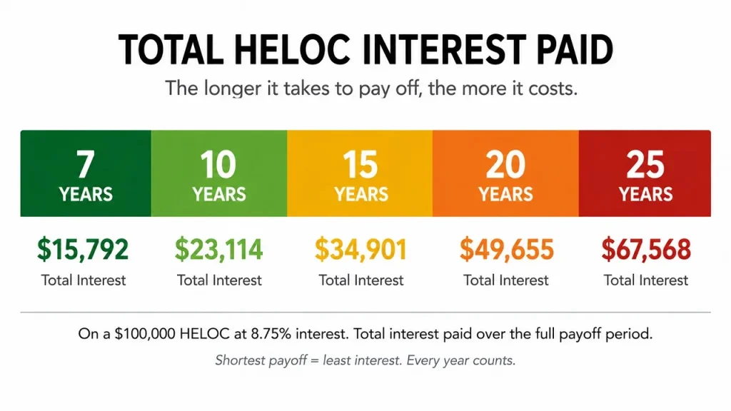 Chart comparing total HELOC interest paid across different payoff timelines from 7 to 25 years