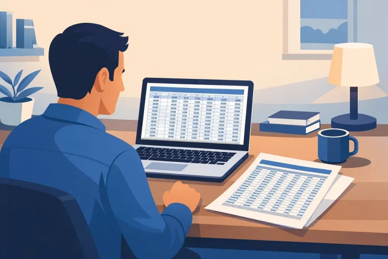 Homeowner reviewing HELOC amortization schedule on laptop and printed document