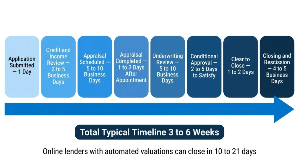 Horizontal timeline showing eight stages of HELOC application to approval process taking three to six weeks total