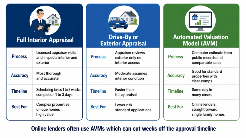 Infographic comparing three HELOC appraisal types — full interior appraisal drive-by appraisal and automated valuation model with timeline and accuracy