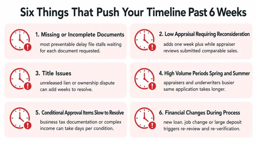 Infographic showing six common causes of HELOC approval delays from missing documents to financial changes during the process