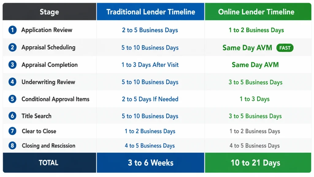 Table comparing HELOC approval timeline stages between traditional lenders taking 3 to 6 weeks versus online lenders taking 10 to 21 days