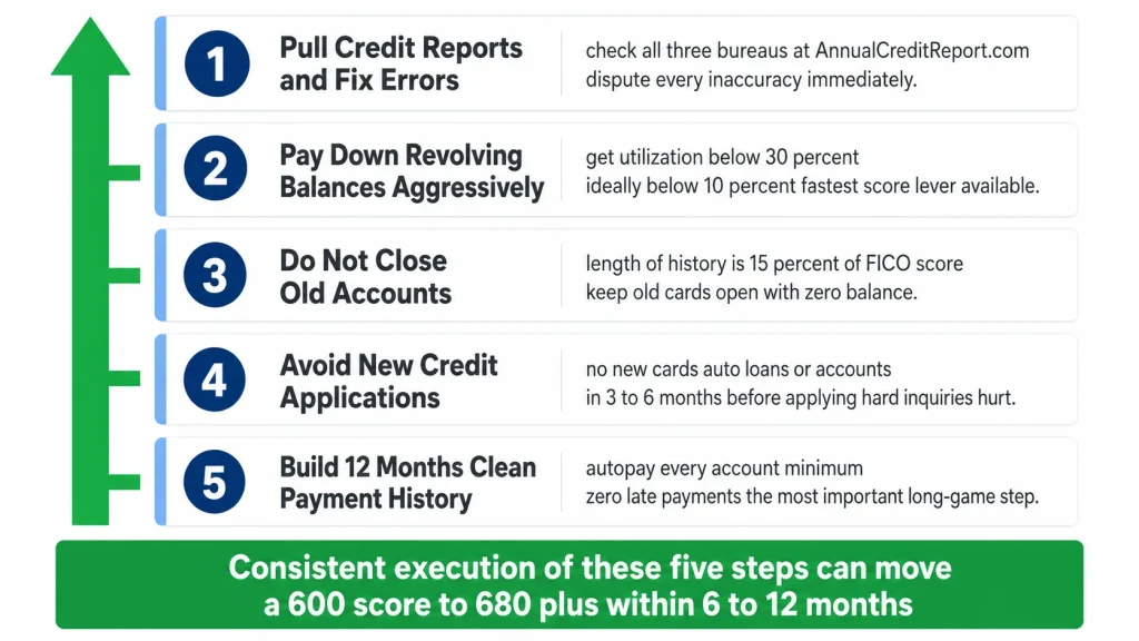 Five step infographic showing how to improve credit score for HELOC qualification from fixing errors to building 12 months clean payment history