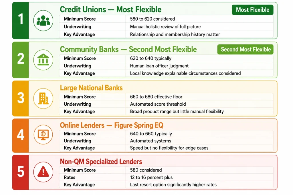 Infographic ranking five lender types by flexibility for bad credit HELOC applications from credit unions most flexible to non-QM lenders