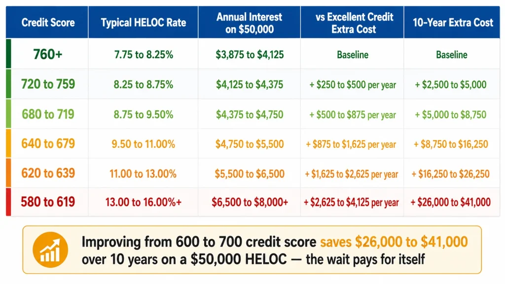 Table showing HELOC interest rates and annual costs across six credit score tiers with extra cost versus excellent credit borrower on 50000 dollar balance