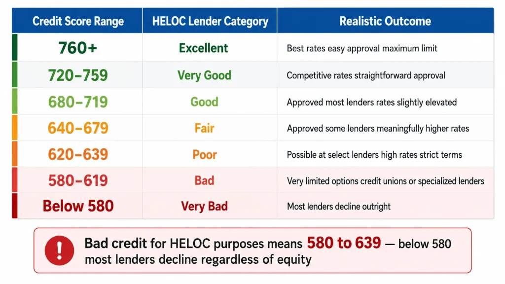 Table showing HELOC approval outcomes across seven credit score ranges from 760 plus excellent to below 580 very bad