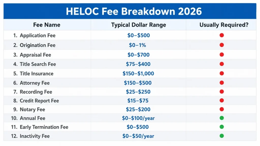Infographic table showing complete breakdown of HELOC closing costs and fee ranges in 2026