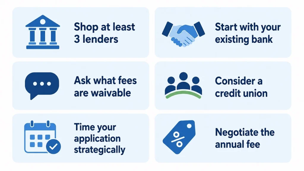 Infographic showing six tips to minimize HELOC closing costs when applying for a home equity line of credit