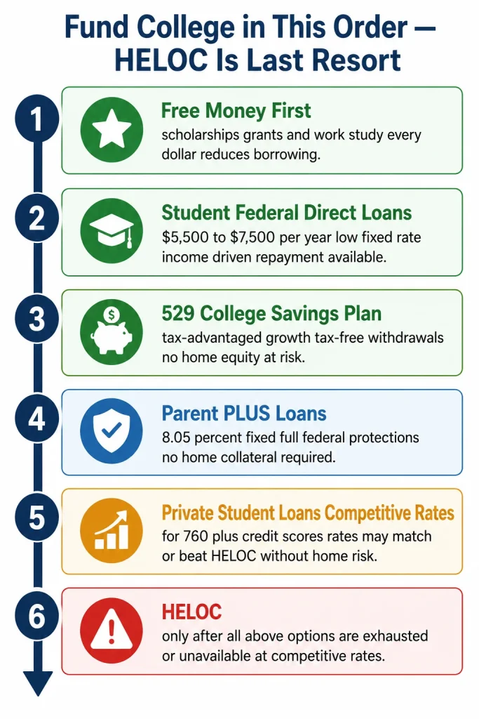 Infographic showing correct priority order for college funding with HELOC as sixth and last resort after scholarships federal loans 529 and Parent PLUS loans