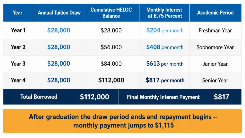 Table showing HELOC four year college tuition draw schedule with balance growing from 28000 to 112000 dollars and monthly interest increasing each year