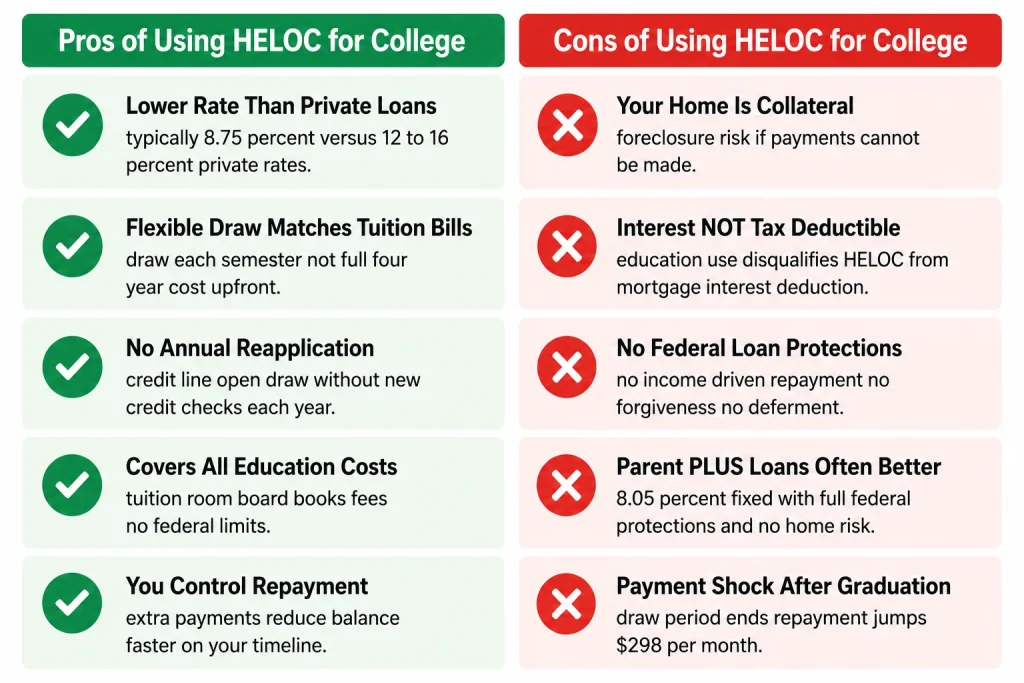 Infographic showing five pros and five cons of using a HELOC for college tuition funding