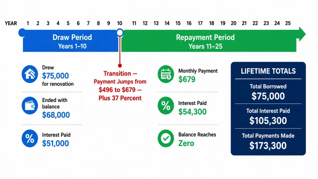 Timeline infographic showing complete 25 year HELOC lifecycle from draw period through repayment with total interest and payments