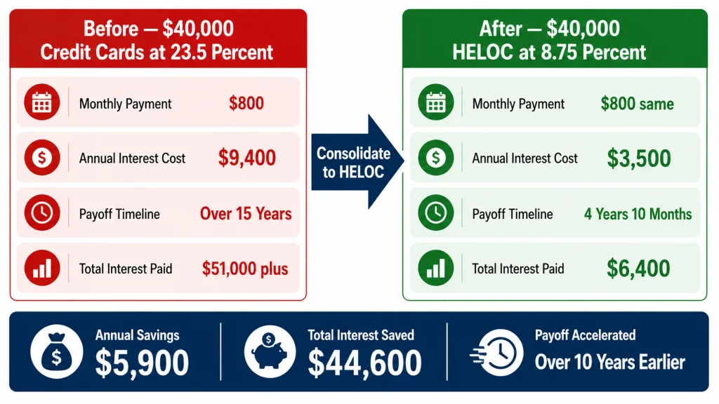 Infographic showing HELOC debt consolidation saving 44600 dollars in interest on 40000 dollars of credit card debt