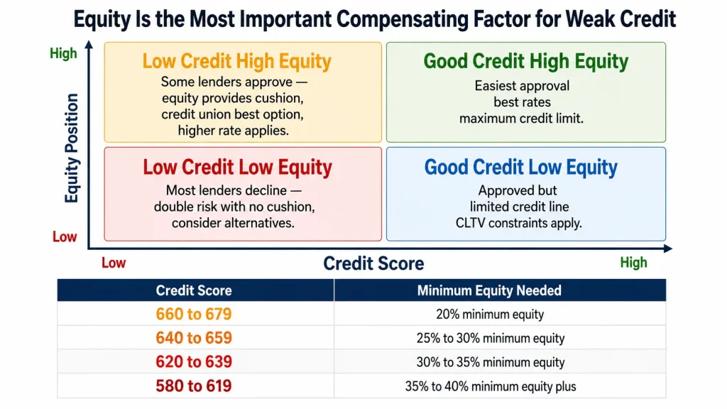 Matrix showing HELOC approval likelihood based on combination of credit score and equity position with minimum equity requirements by credit tier
