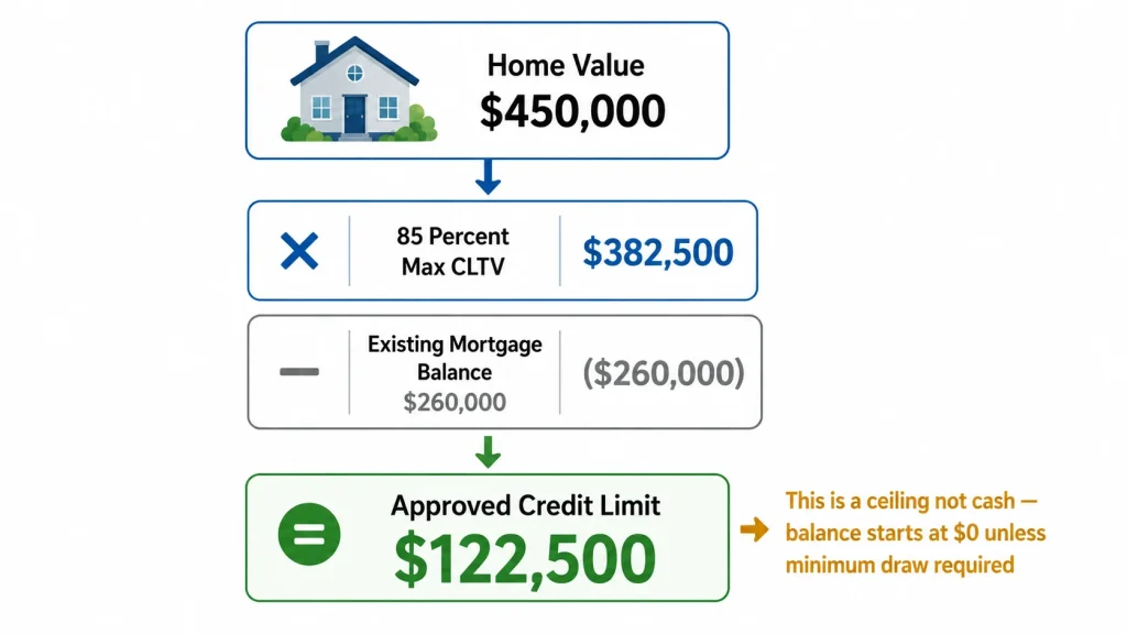 Calculation flow diagram showing how HELOC credit limit of 122500 dollars is determined from home value mortgage balance and CLTV