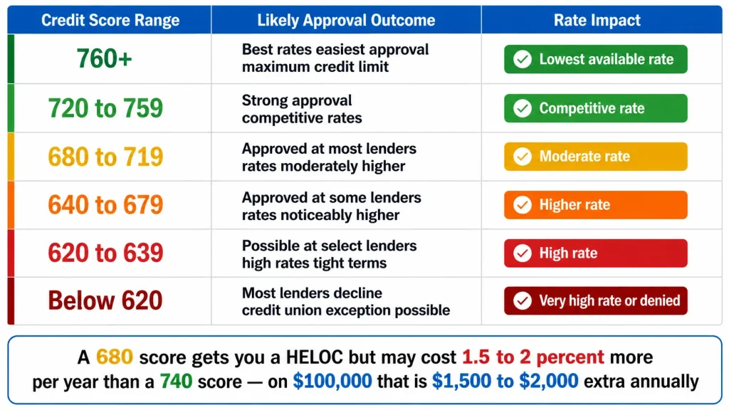 Table showing HELOC approval outcomes and rate impact across six credit score ranges from below 620 to 760 plus
