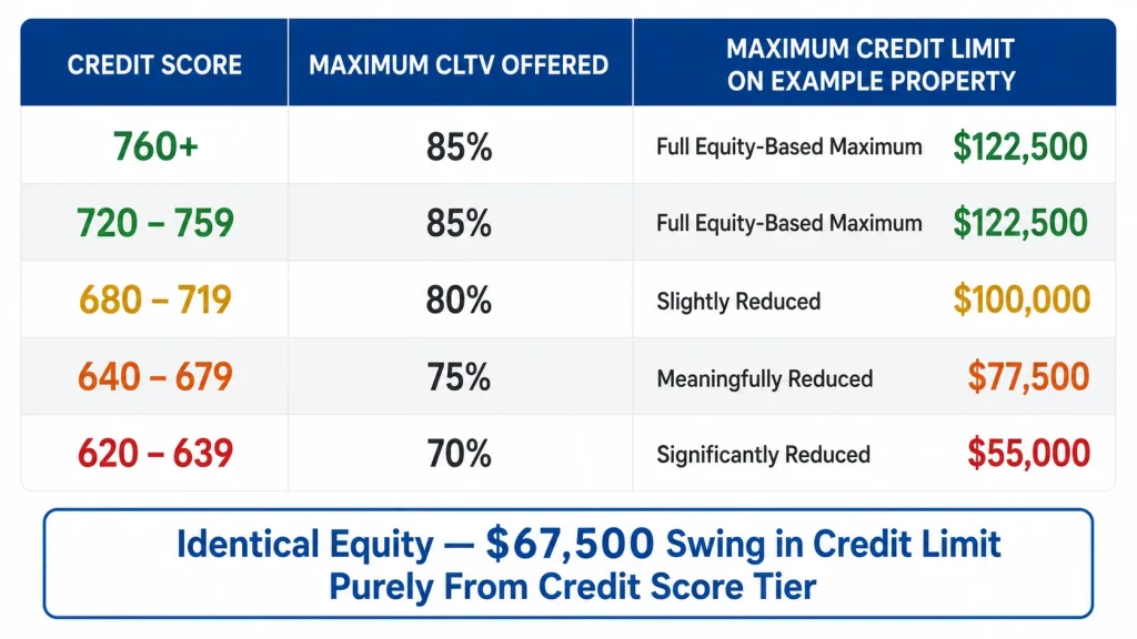 Table showing how HELOC credit limit changes across five credit score tiers from 122500 dollars at excellent credit to 55000 at poor credit