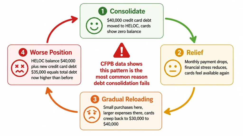 Circular diagram showing the HELOC debt consolidation reloading failure cycle from zero card balance back to full debt plus HELOC balance