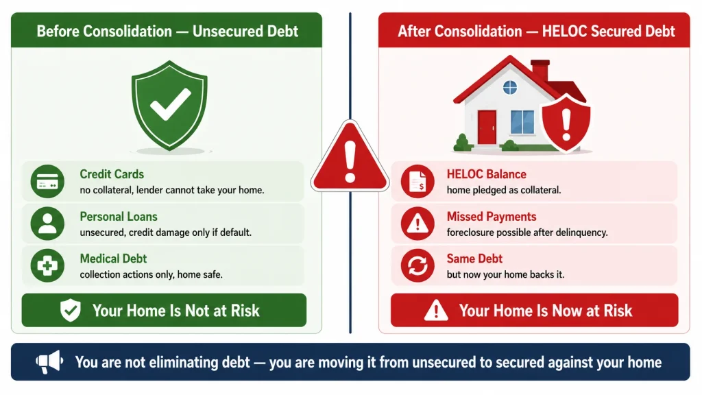 Infographic comparing unsecured credit card debt risk before HELOC consolidation versus secured HELOC debt risk with home as collateral