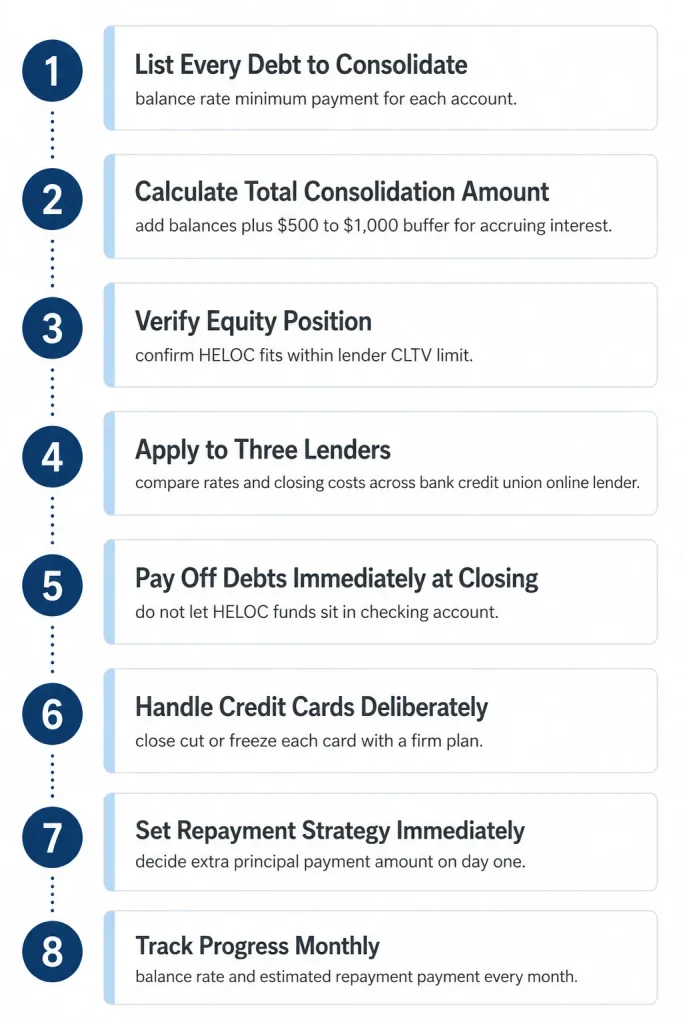 Eight step infographic showing how to execute HELOC debt consolidation from listing debts through tracking monthly progress