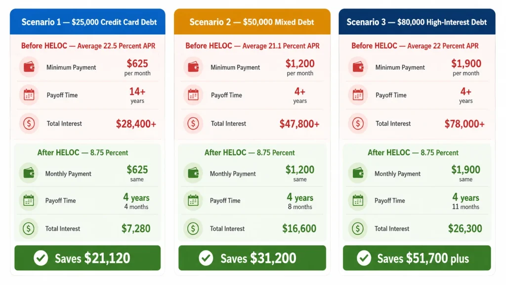 Infographic showing three HELOC debt consolidation scenarios saving between 21120 and 51700 dollars in interest on balances from 25000 to 80000 dollars