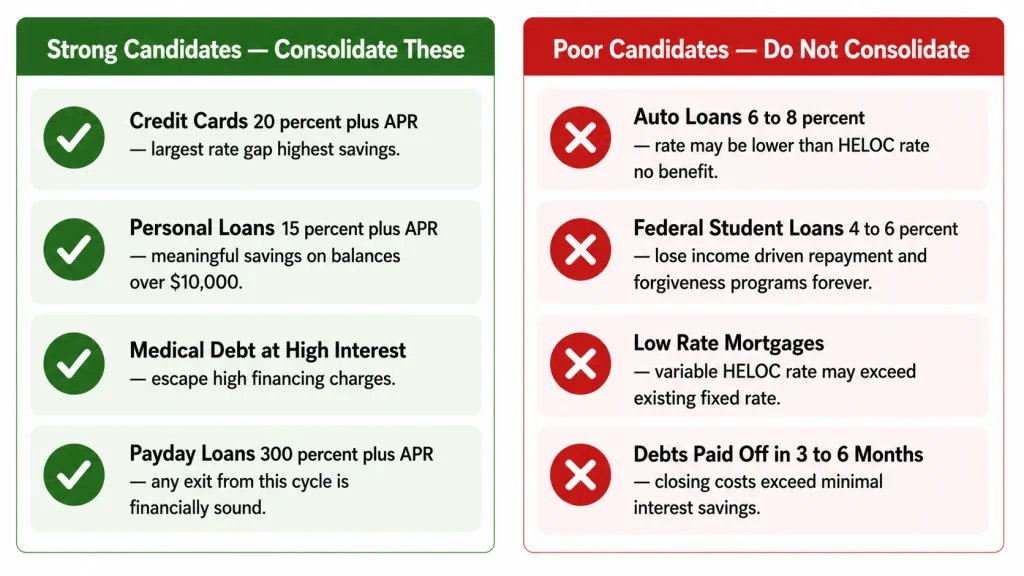 Infographic showing which debts are strong candidates for HELOC consolidation versus poor candidates based on interest rate and loan type