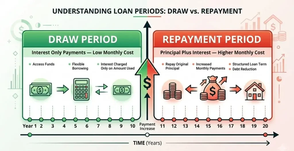 Timeline diagram showing HELOC transition from draw period interest-only payments to repayment period principal and interest payments