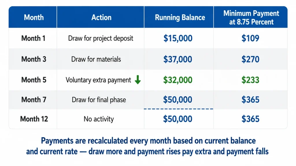 Table showing HELOC draw period activity over twelve months with running balance and recalculated monthly interest only minimum payments