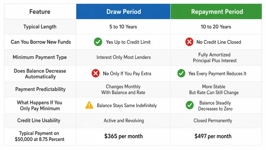 Master comparison table showing eight differences between HELOC draw period and repayment period including payments and borrowing rules