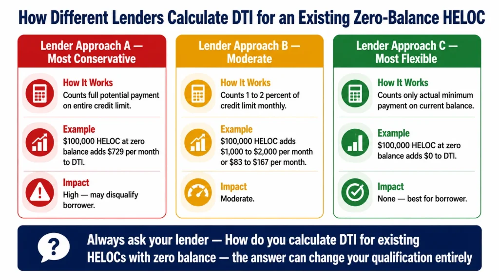 Infographic showing three different lender approaches to calculating DTI for existing zero-balance HELOCs from most conservative to most flexible