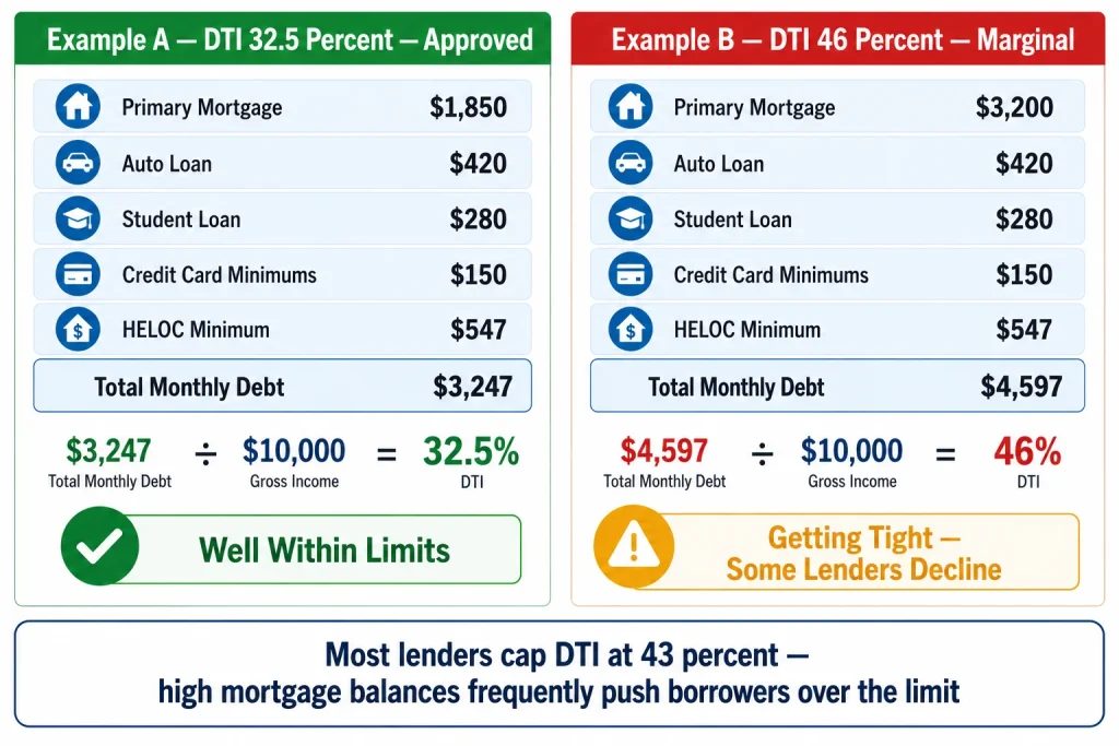 Side by side DTI calculation examples showing 32.5 percent approved versus 46 percent marginal for HELOC qualification
