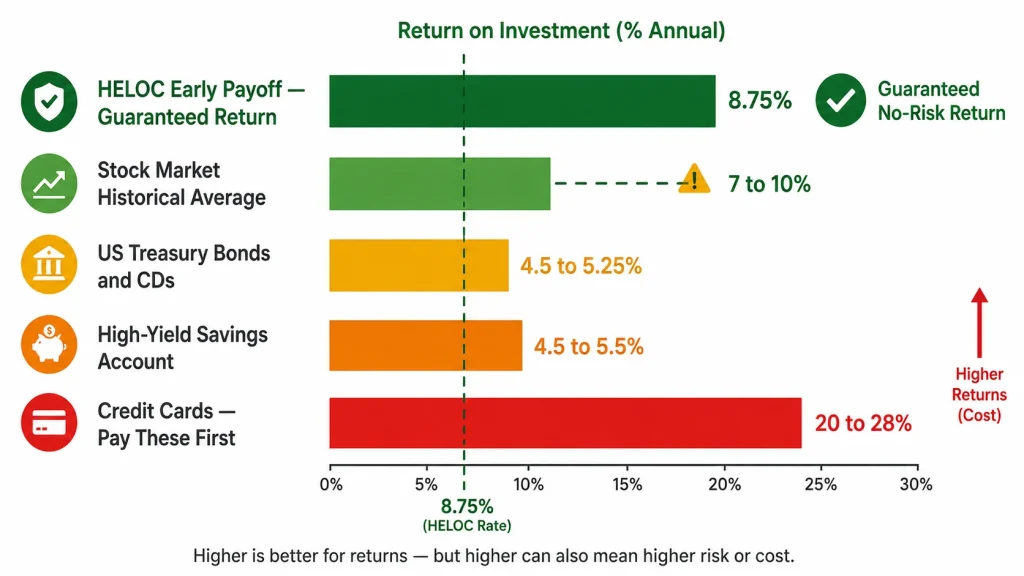 Bar chart comparing HELOC early payoff guaranteed return against stock market treasury bonds savings accounts and credit card rates