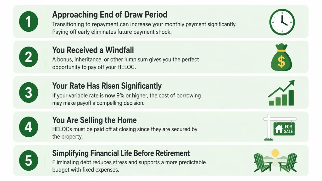 Infographic showing five scenarios where HELOC early payoff clearly makes financial sense