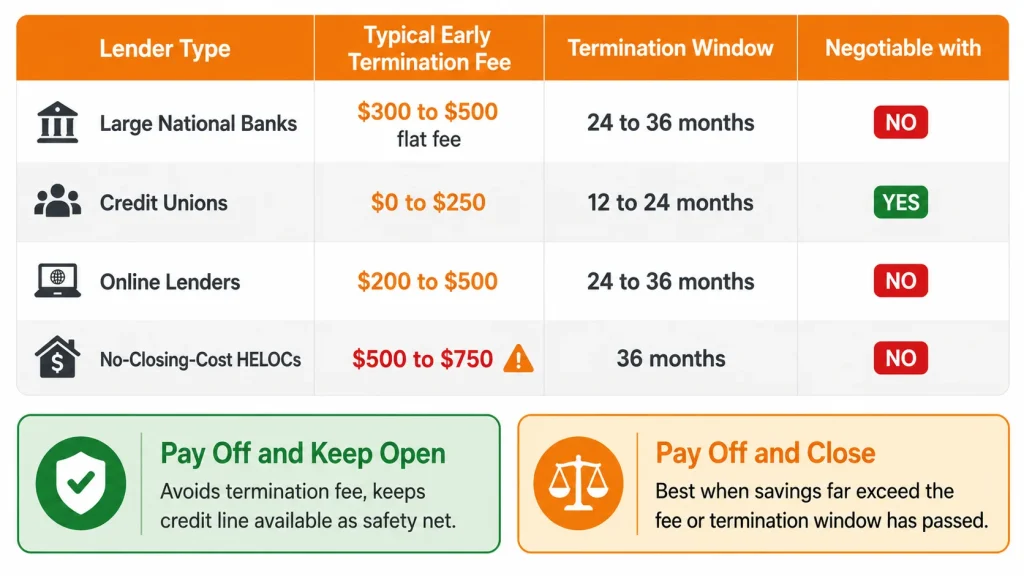 Table comparing HELOC early termination fees across large national banks credit unions online lenders and no closing cost HELOCs