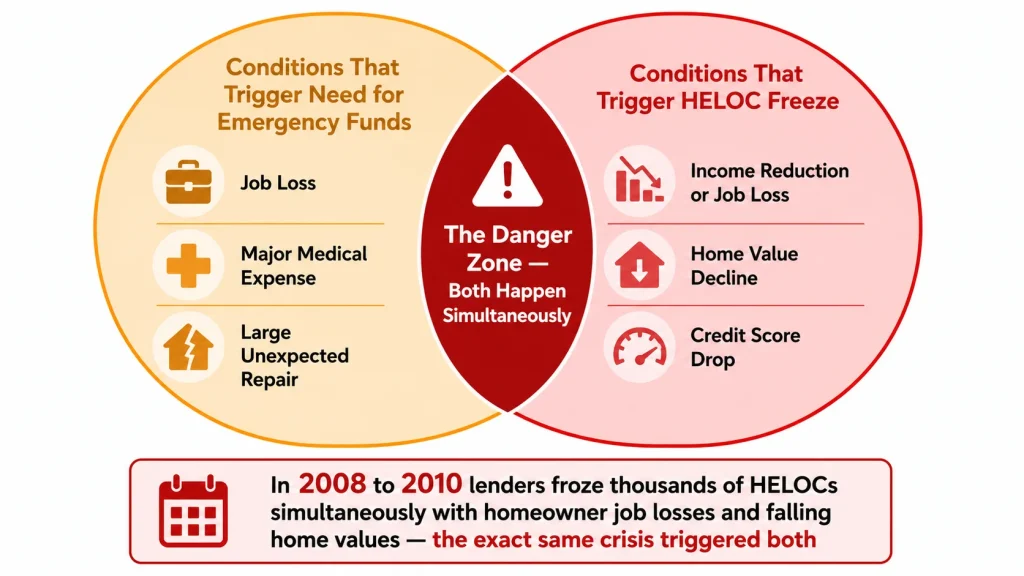 Venn diagram showing dangerous overlap between conditions that trigger need for emergency funds and conditions that cause lenders to freeze HELOC credit lines