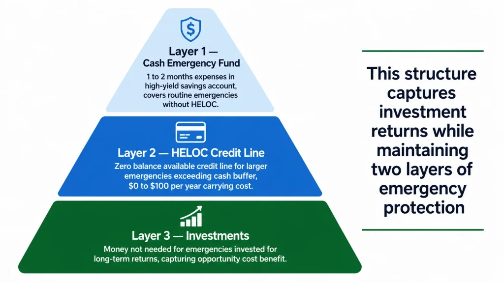 Three layer pyramid infographic showing hybrid emergency fund strategy combining cash buffer HELOC credit line and investments