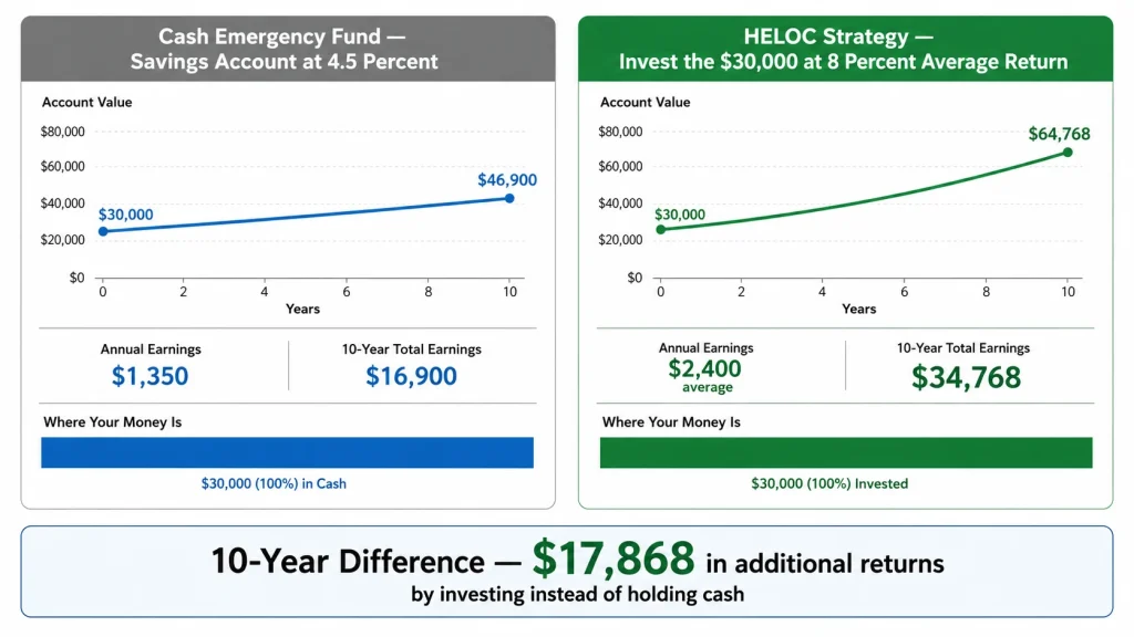 Infographic comparing 10-year returns of 30000 dollar cash emergency fund at 4.5 percent versus investing the same amount at 8 percent return