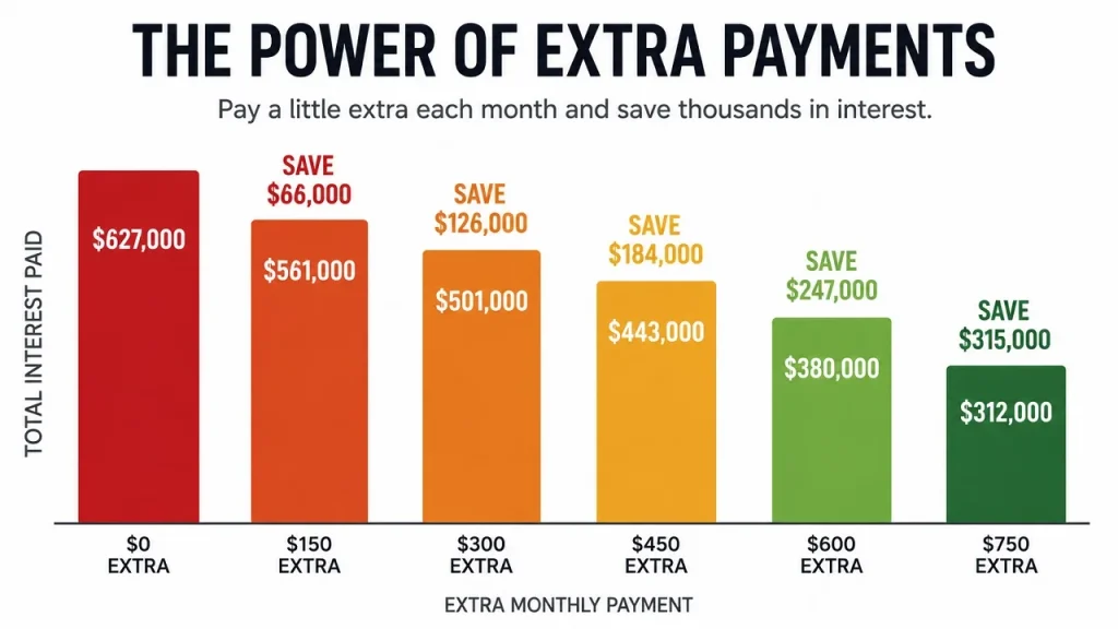 Bar chart showing how increasing monthly HELOC principal payments reduces total interest paid