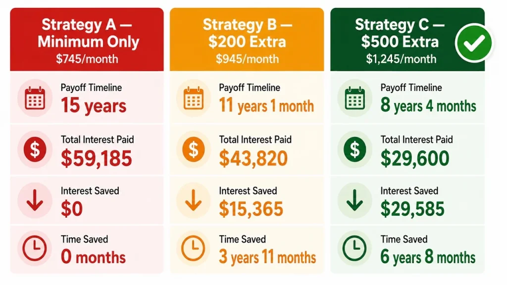 Infographic comparing three HELOC payment strategies showing how extra principal payments reduce total interest and shorten payoff timeline