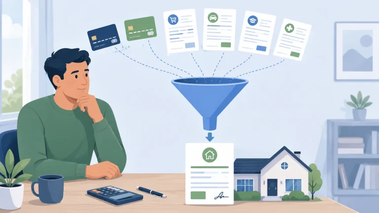 Illustration showing multiple debts being consolidated into a single HELOC home equity line of credit