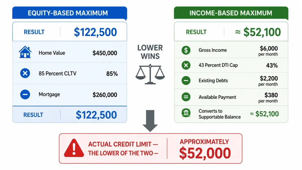 Infographic showing how HELOC credit limit is determined by the lower of equity-based maximum and income-based maximum calculations