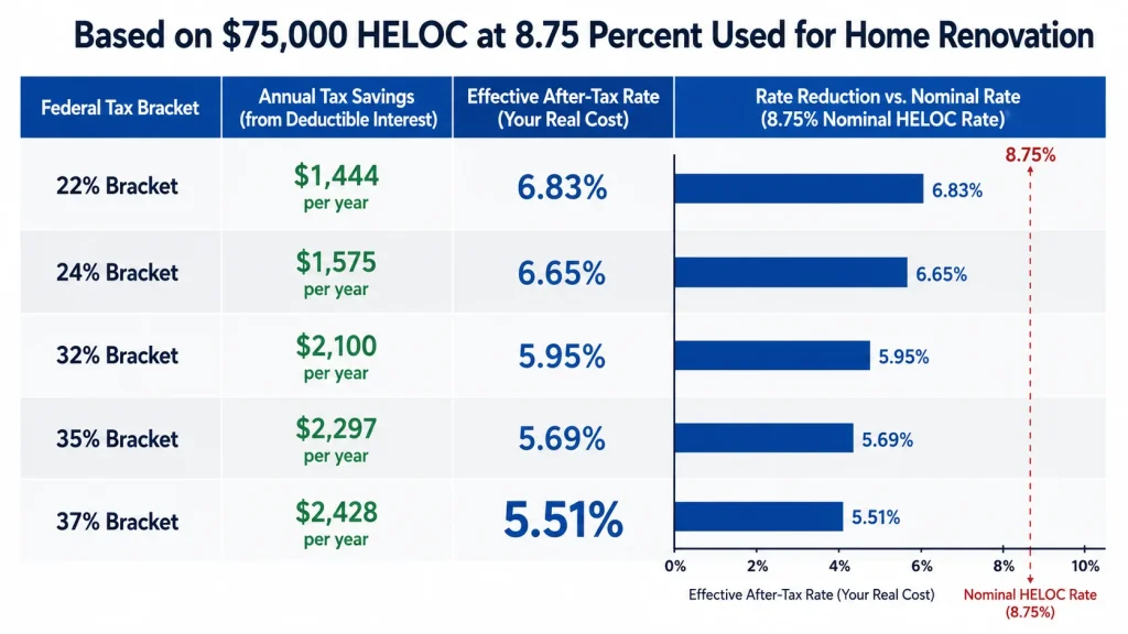 Chart showing HELOC interest after-tax effective rate across five federal tax brackets from 6.83 percent at 22 percent bracket to 5.51 percent at 37 percent bracket