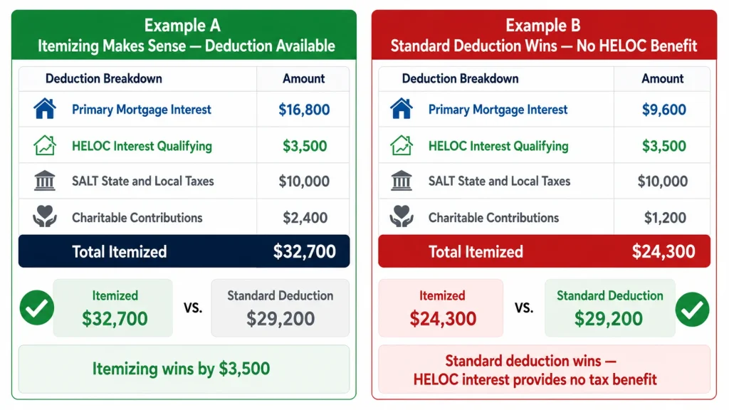 Infographic comparing two examples showing when itemizing deductions makes HELOC interest deductible versus when standard deduction eliminates the tax benefit