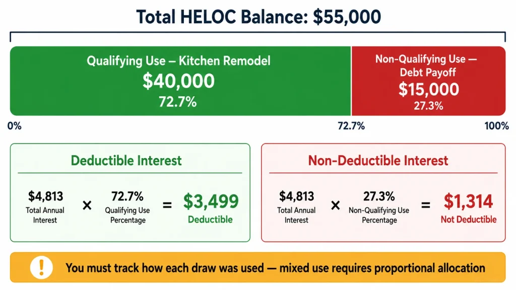 Infographic showing HELOC mixed use allocation splitting 55000 dollar balance between qualifying 40000 kitchen remodel and non-qualifying 15000 debt payoff