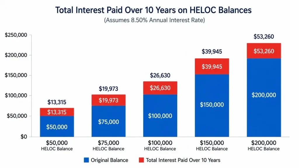 Chart showing total interest cost of paying interest-only on a HELOC for 10 years across different balance amounts