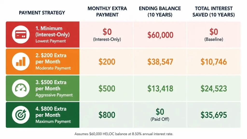 Comparison chart showing how paying extra principal during HELOC draw period reduces total interest cost and repayment payment