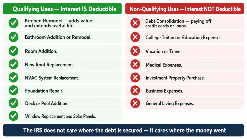 Infographic comparing qualifying HELOC interest tax deductible uses like home renovation versus non-qualifying uses like debt consolidation and education