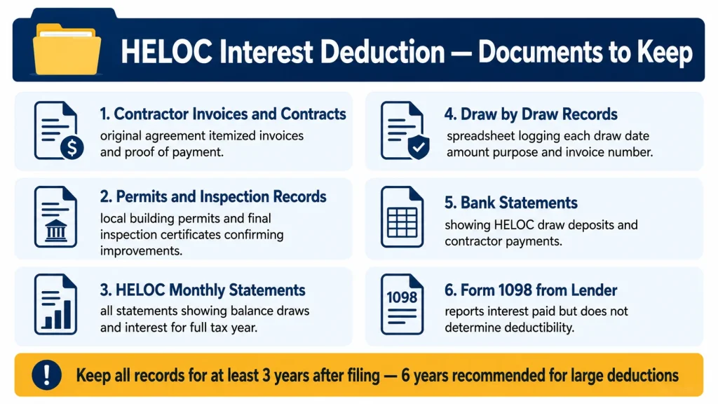 Infographic checklist showing six types of documents homeowners must keep to support HELOC interest tax deduction claims